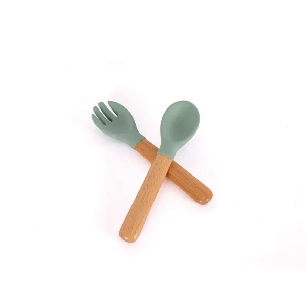 MOMMY'S BLISS Wooden Baby Spoon and Fork Set with Silicone Handle | 6+ Months | BPA-Free, FDA Certified | Green