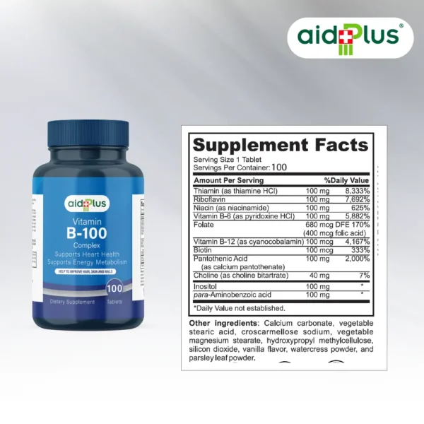 AID PLUS Vitamin B-100 Complex – High Potency B-Vitamin Blend – 100 Tablets - Image 2