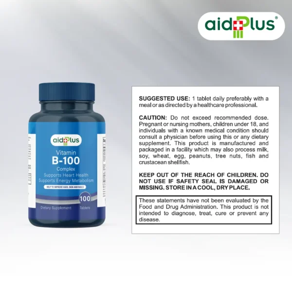 AID PLUS Vitamin B-100 Complex – High Potency B-Vitamin Blend – 100 Tablets - Image 3