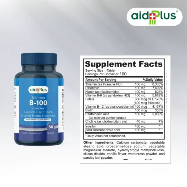 AID PLUS Vitamin B-100 Complex – High Potency B-Vitamin Blend – 50 Tablets - Image 2