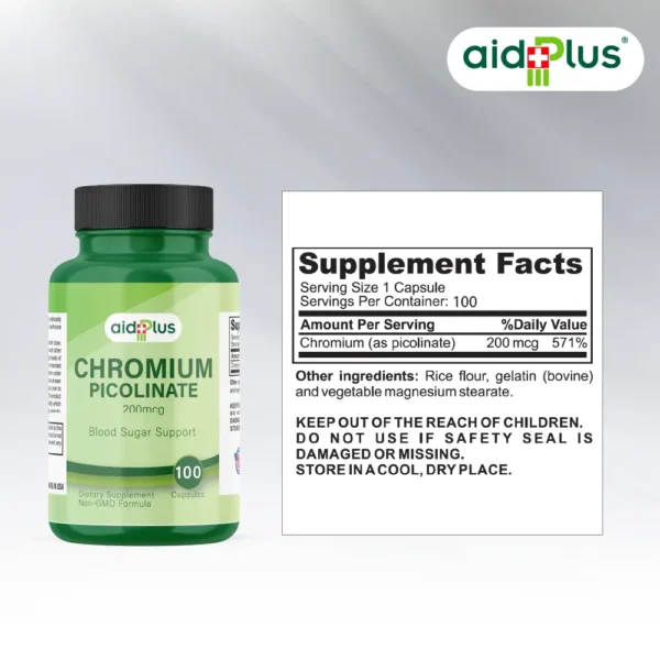 AID PLUS Chromium Picolinate 200mcg – 100 Capsules | Blood Sugar & Metabolism Support - Image 2