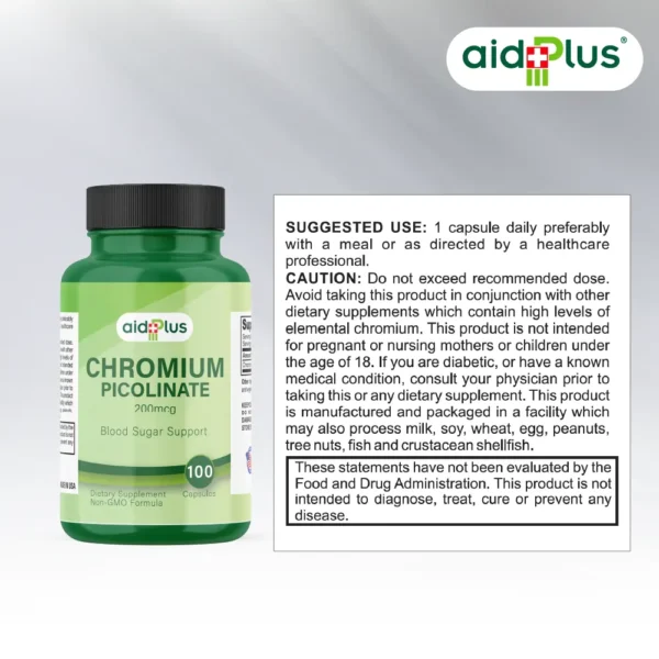 AID PLUS Chromium Picolinate 200mcg – 100 Capsules | Blood Sugar & Metabolism Support - Image 3