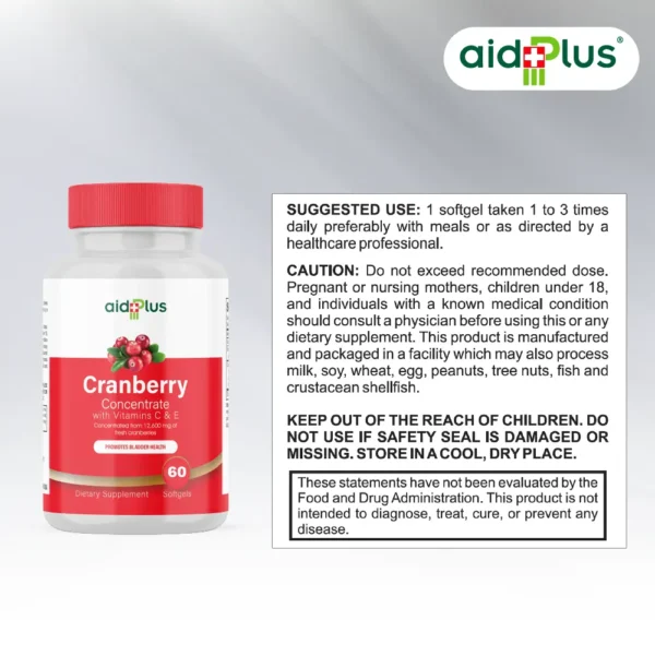 AID PLUS Cranberry Concentrate with Vitamins C & E – 60 Softgels | Urinary Tract & Immune Support - Image 3