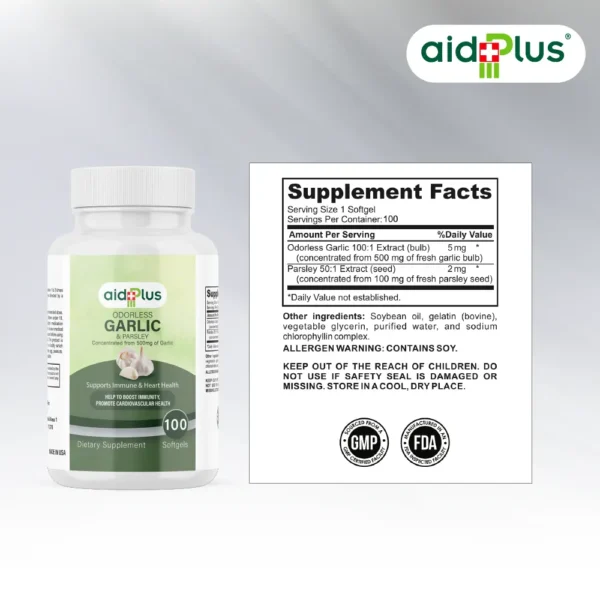 AID PLUS Garlic & Parsley 500mg – 100 Softgels | Odorless Heart & Immune Support Supplement - Image 2