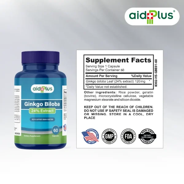 AID PLUS Ginkgo Biloba 120mg – 60 Capsules | 24% Extract for Memory, Focus & Circulation - Image 2