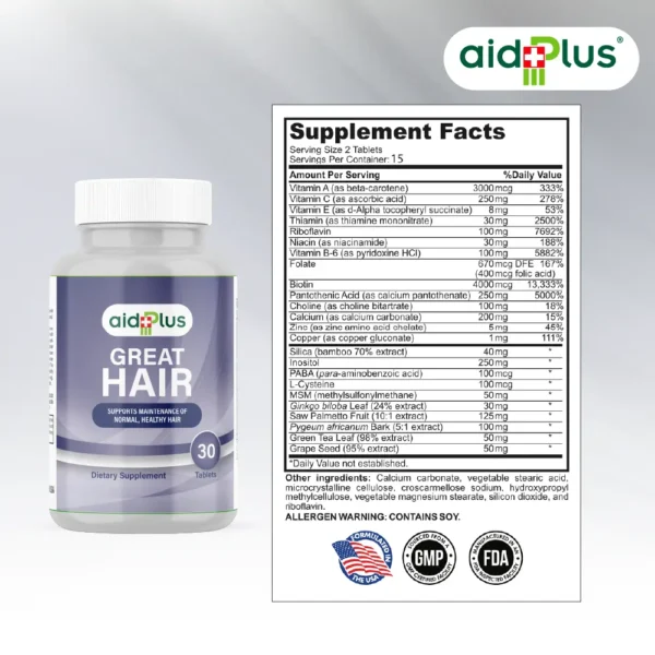 AID PLUS Great Hair Formula – 30 Tablets | Biotin, Vitamins & Herbal Extracts for Hair Growth - Image 2
