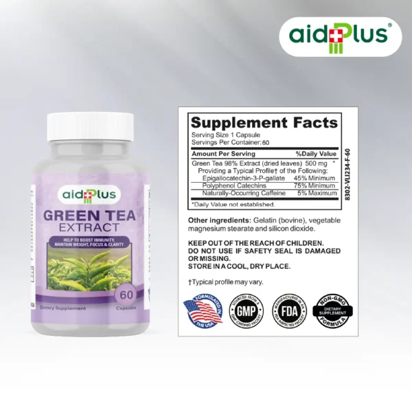 AID PLUS Green Tea 98% Extract – 60 Capsules | High-Potency Antioxidant & Metabolism Support - Image 2
