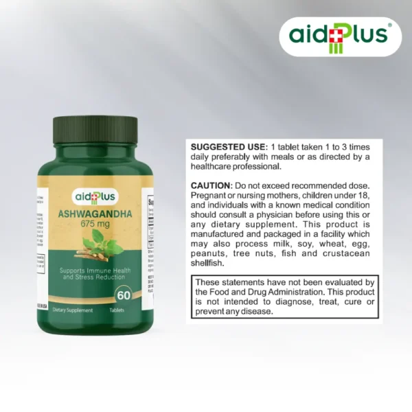 AID PLUS Organic Ashwagandha 60’s – 675mg for Stress Relief, Energy & Immune Support - Image 3