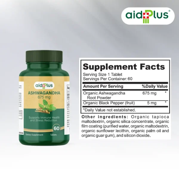 AID PLUS Organic Ashwagandha 60’s – 675mg for Stress Relief, Energy & Immune Support - Image 2