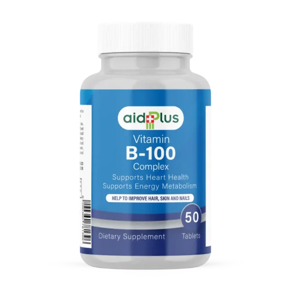 AID PLUS Vitamin B-100 Complex – High Potency B-Vitamin Blend – 50 Tablets