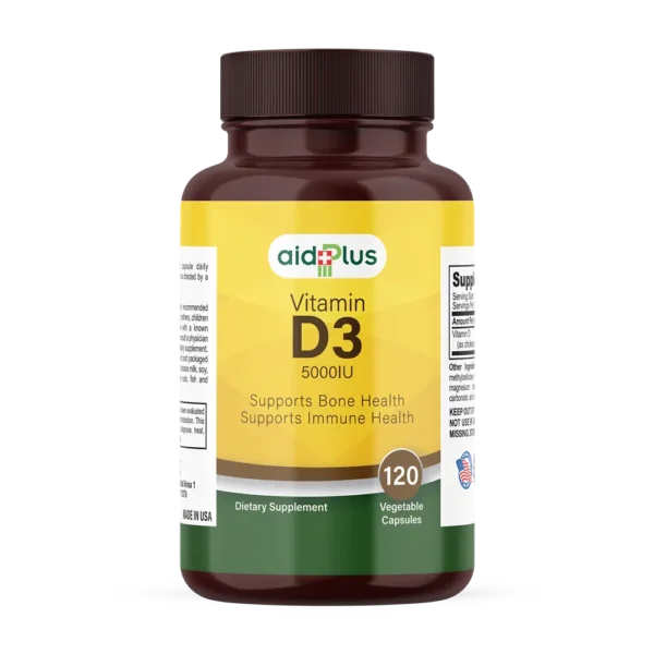 AID PLUS Vitamin D3 5000 IU – High Strength Bone & Immune Support – 120 Vegetable Capsules
