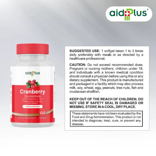 AID PLUS Cranberry Concentrate with Vitamins C & E – 120 Softgels | Urinary Tract Health Support - Image 3