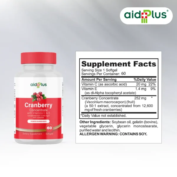 AID PLUS Cranberry Concentrate with Vitamins C & E – 60 Softgels | Urinary Tract & Immune Support - Image 2