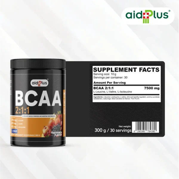 AID PLUS BCAA 2:1:1 Fruit Punch 300g – Muscle Recovery & Performance Supplement - Image 2